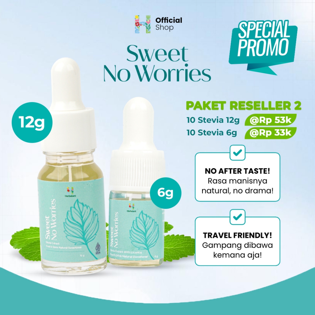

Paket Reseller 10 Stevia (12 + 6gr) Liquid Sweet Gula Zero Calorie Pemanis Sweetener Alami Herbalant