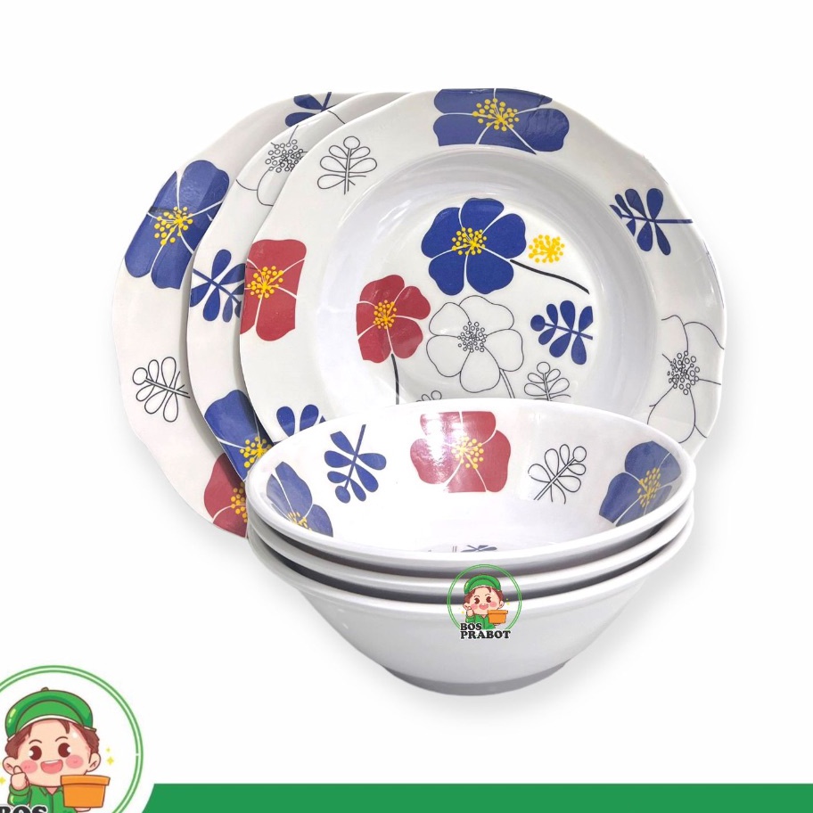 KF7 6 PCS PIRING MANGKOK MELAMIN  PAKET PIRING DAN MANGKOK MELAMIN MOTIF BUNGA  PIRING MELAMIN SET  