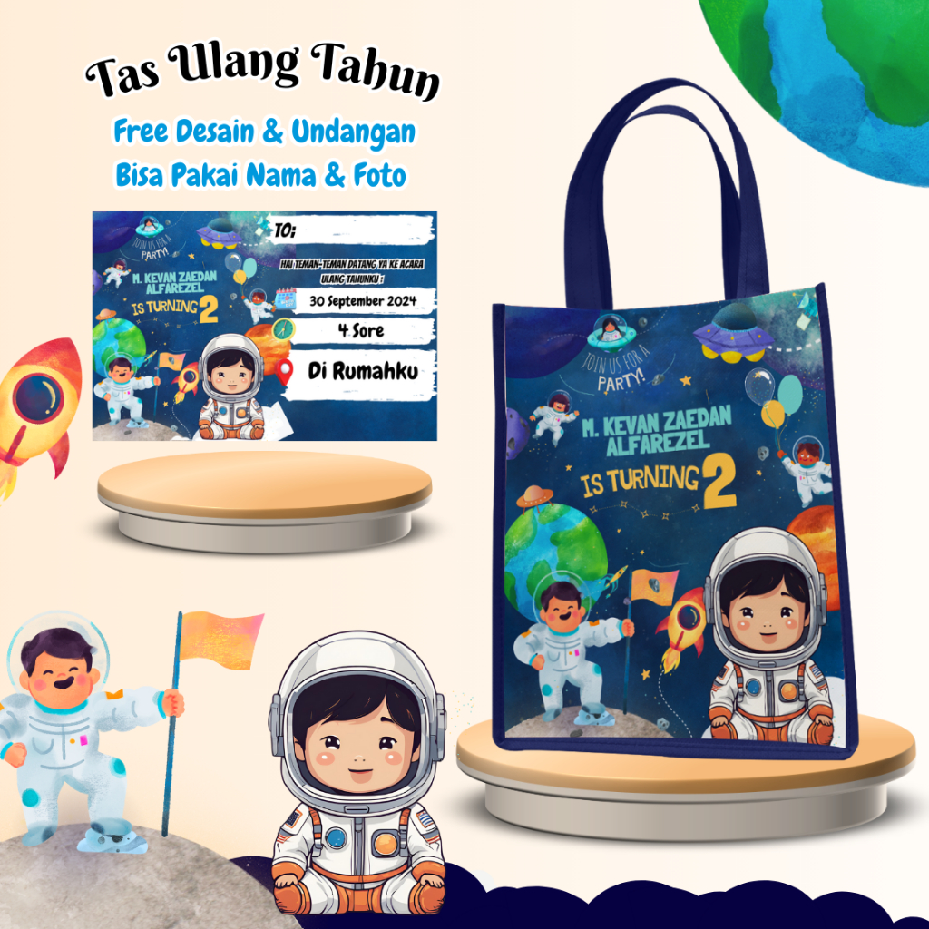 

50 Pcs Tas & Free Undangan Spanduk 2x1,8 Meter Ulang Tahun Anak Astronot Custom Desain Foto Muat Kfc