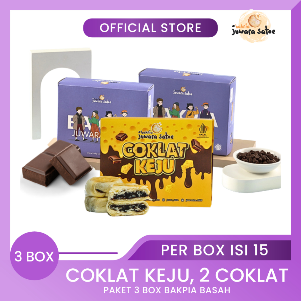 

BAKPIA JUWARA SATOE [ 3 Box ] Paket Bakpia Basah (Coklat Keju, 2 Coklat) - Oleh Oleh Khas Jogja