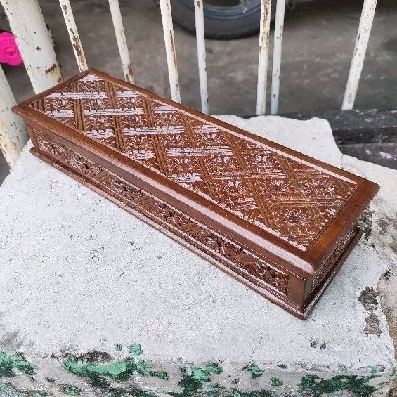 (COD) Kotak Perhiasan Kayu 29x9x5 Ukir Panjang untuk emas kalung keris emas bisa untuk kotak Penyimp