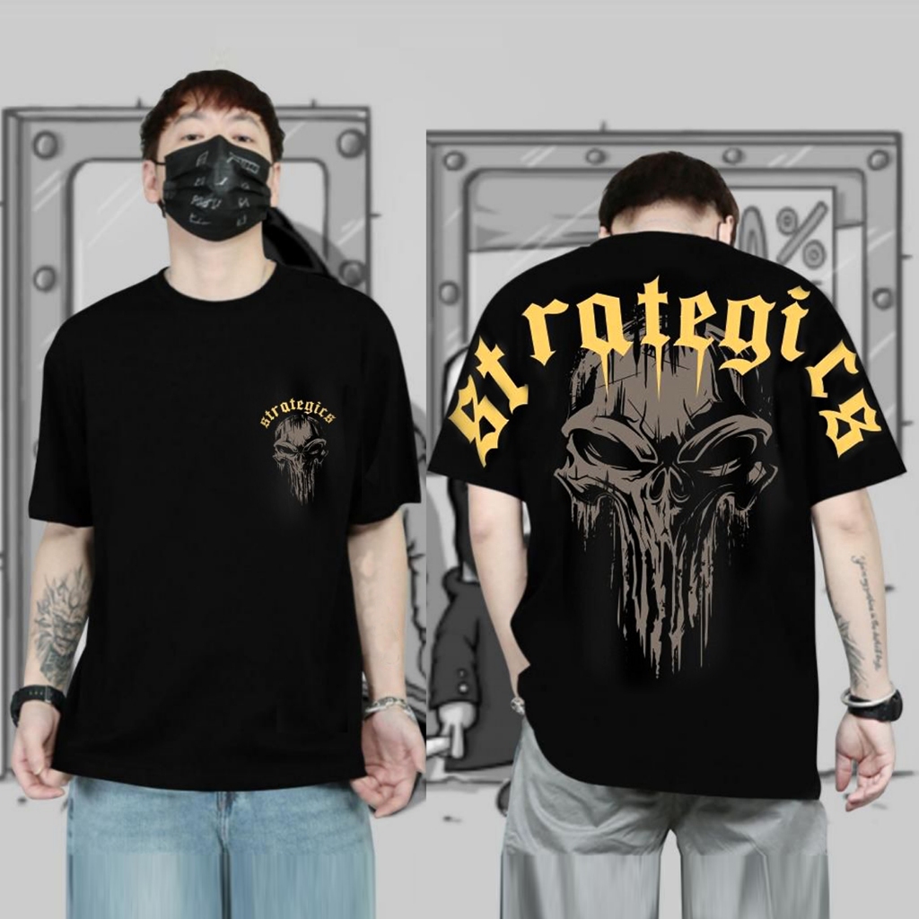Baju Kaos Distro Samurai Jepang Terbaru  Lengan Pendek Motif Strategics Hitam Sablon  Tulisan Couple
