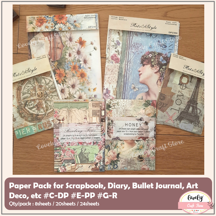 

LovelyCraftStore | #C-DP #E-PP #G-R ~ 8pcs/20pcs/24pcs per pack Paper Pack for Bullet Journal, Diary Art Deco, Scrapbook Paper, etc