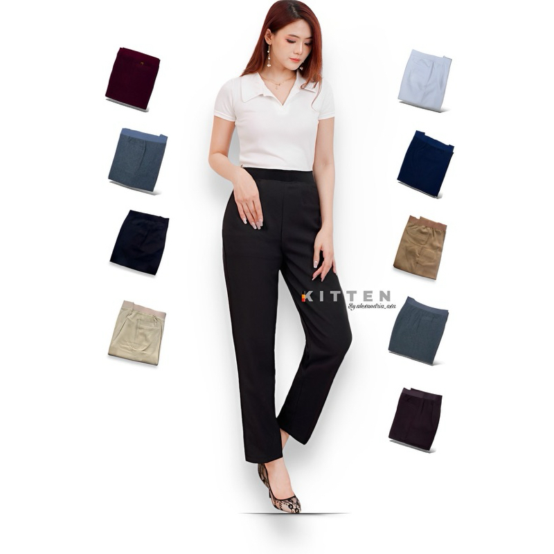 OutfitOffice Celana panjang Bahan Wanita kerja Pinggang Karet Highwaist Bahan dasar kain wol gracela