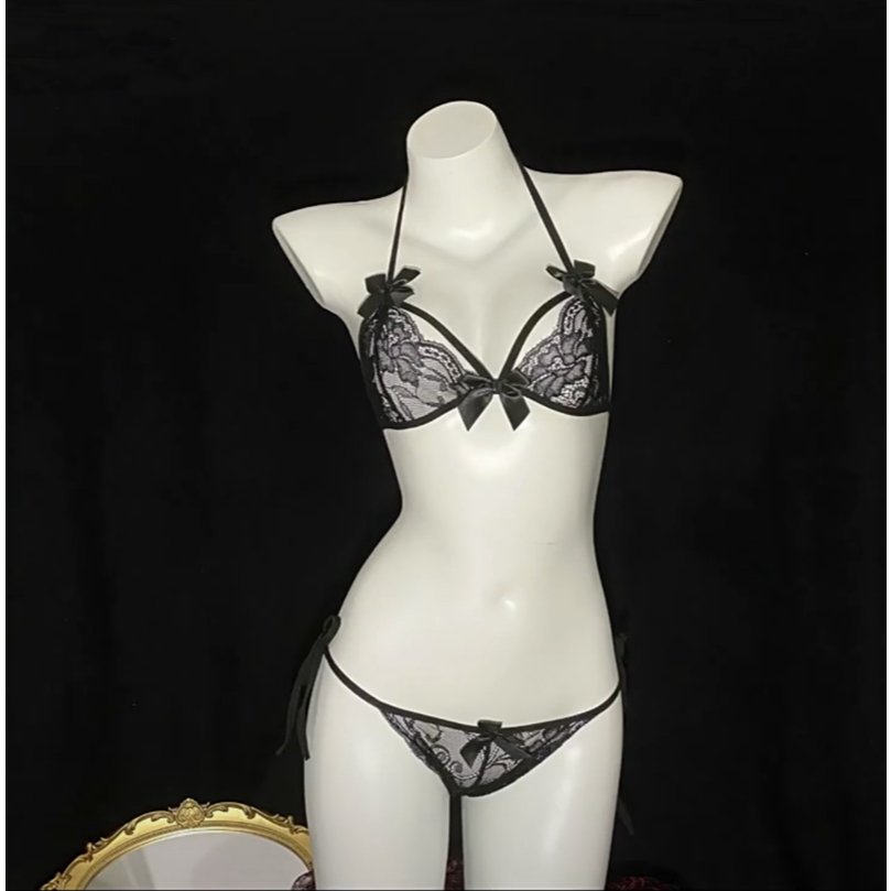 Lingerie Sexy Bikini Sexy Open Croctch G String & Bra Set dasi samping Ukuran Besar B130