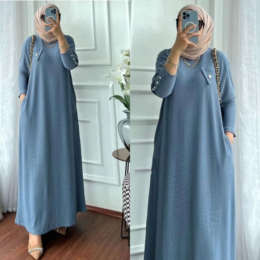 ￼AMARA DRESS RIB PREMIUM KNIT KANCING GAMIS GAUN DRES ATASAN WANITA PEREMPUAN MUSLIMAH TERMURAH PANJ