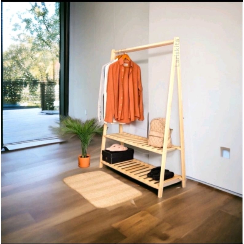 stand hanger kayu gantungan baju celana kayu aesthetic, gantungan rak baju , stand hanger multifungs