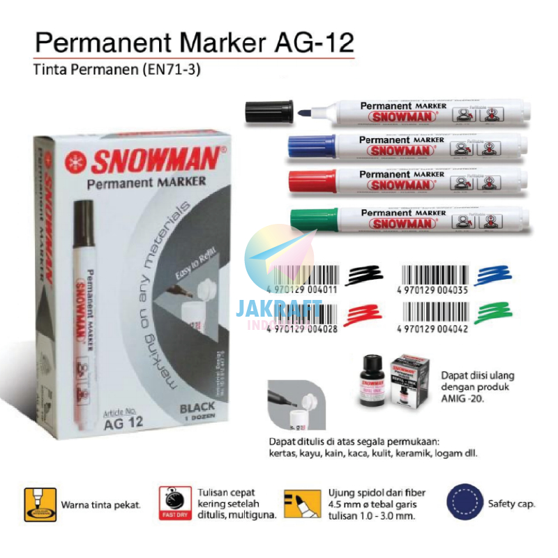 

(1 Pcs) Spidol Permanen Tidak Bisa Dihapus SNOWMAN AG-12 Permanent Marker Anti Air Segala Permukaan Kering