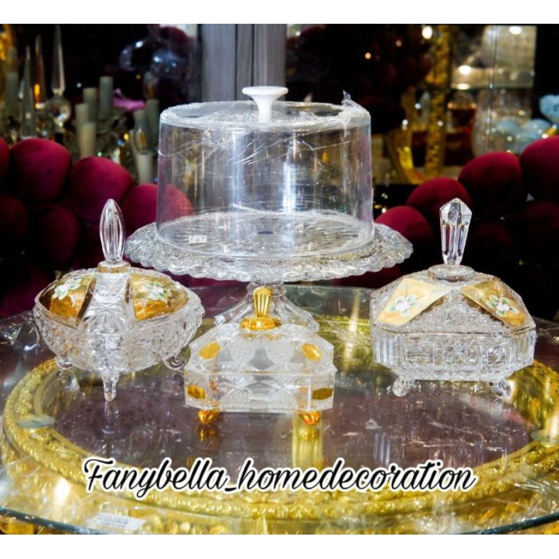 Toples Tempat kue Bolu Kaca Kristal SOGA Putih Emas Gold Motif Bunga Kue Lebaran Kristal Mewah Impor