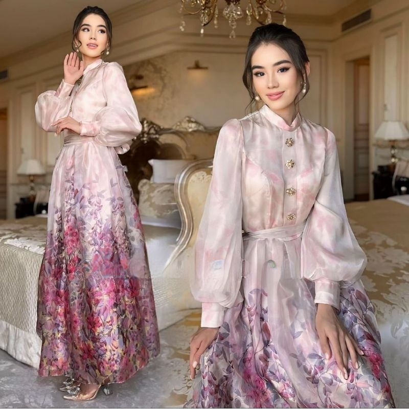 dress casual long sleeve gown gaun lengan panjang india arabic europe paris vintage floral flower bu