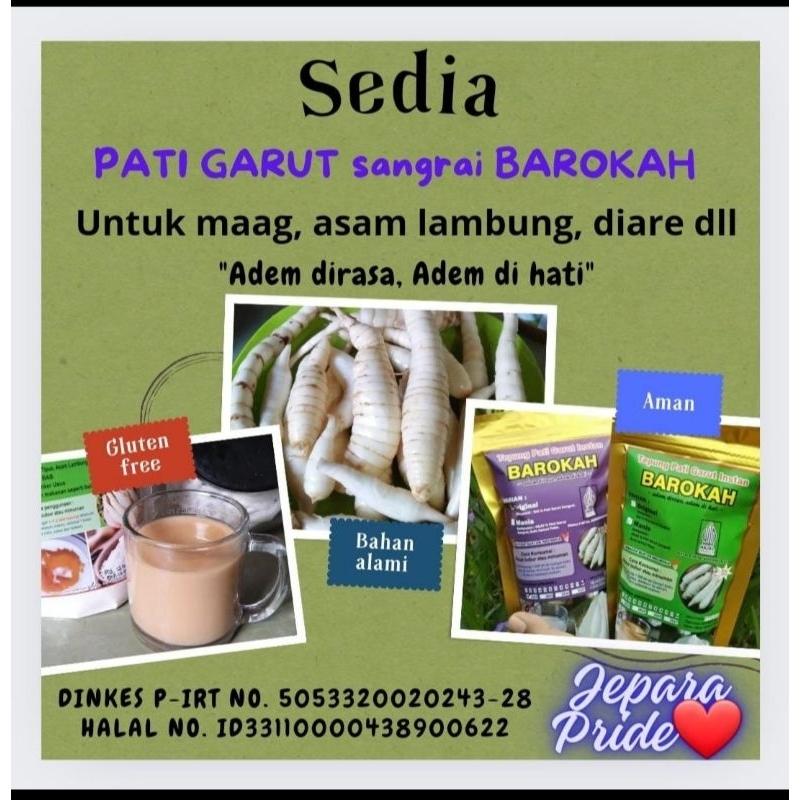 

Tepung Pati Garut instan BAROKAH dg PIRT (sangrai plus gula semut palm)