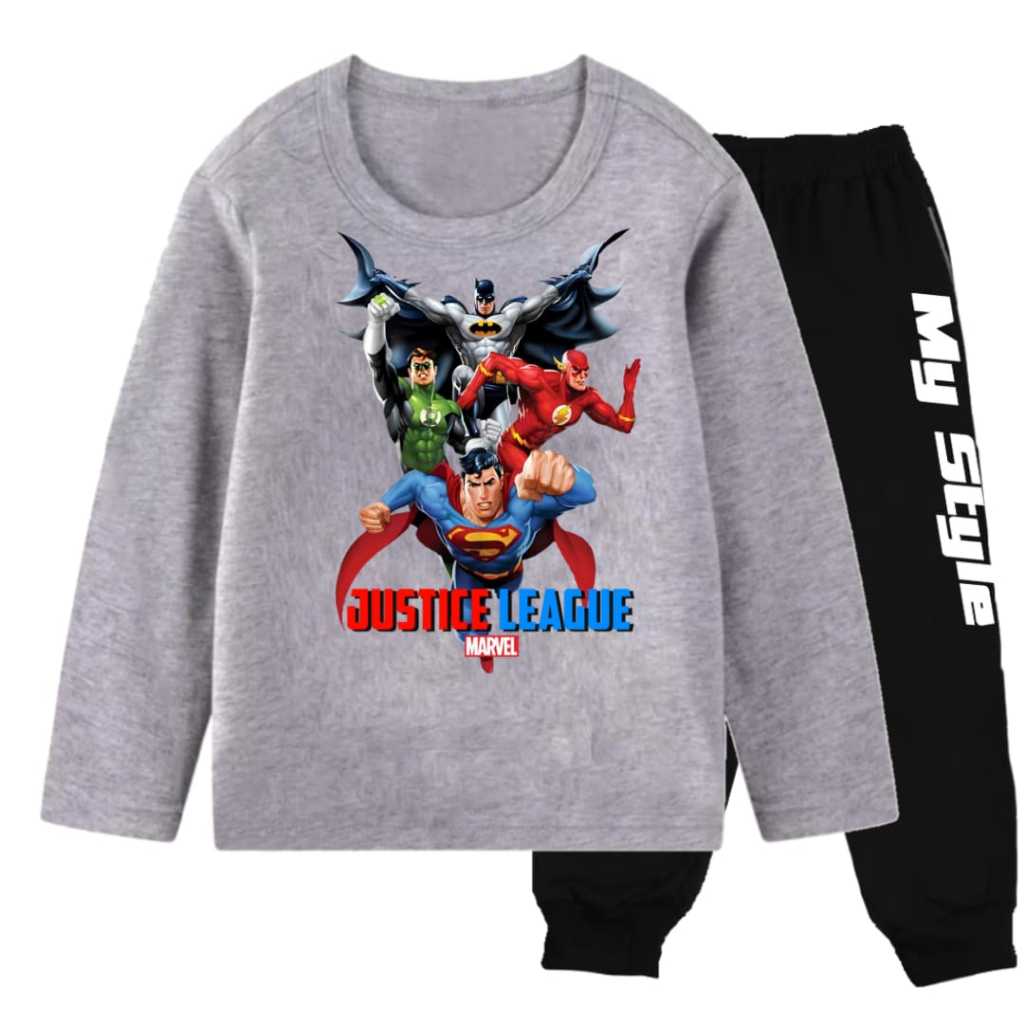 Stelan Baju Kaos Motif MARVEL JUSTICE LEAGUA Anak Laki -Laki Perempuan set Oblong Lengan Panjang Usi