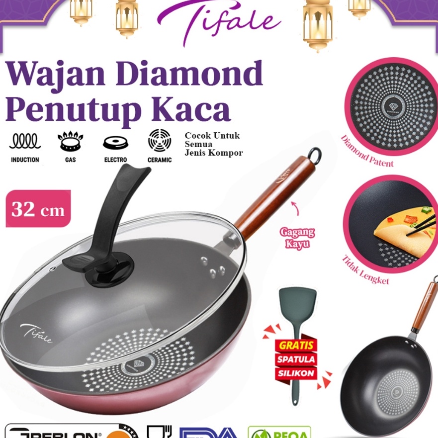 Limit READY STOCK Tifale Diamond Wok Pan Tutup Kaca Wajan Penggorengan Anti Lengket Batu Medis Ukura
