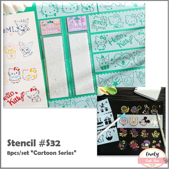 

LovelyCraftStore | S32 ~ 8PCS/set plastic stencil cetakan stensil lukis, craft, kue cake, bujo, bullet journal decoration, jurnal, scrapbook - plastik stensil cartoon series