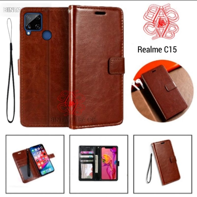 Case REALME C15 Flip Cover Kulit Case Dompet Hp