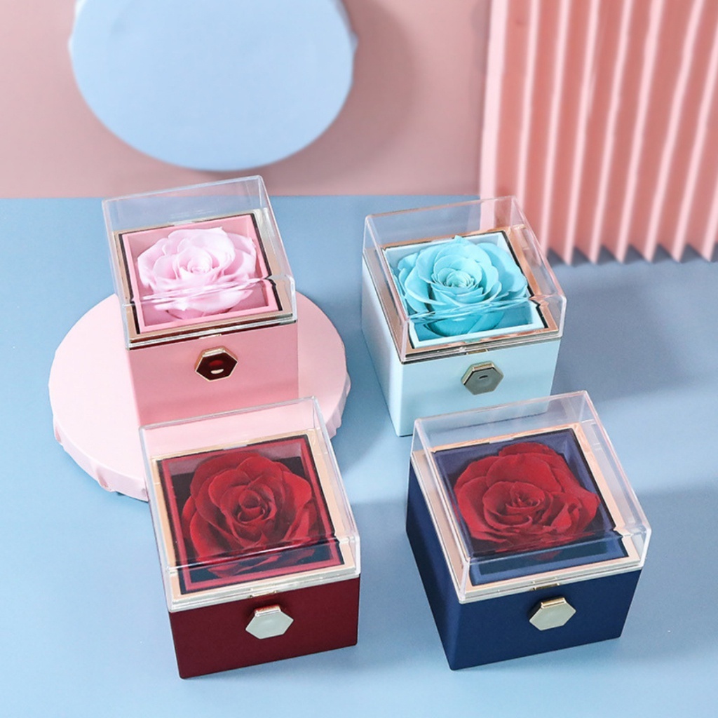 Kotak perhiasan mawar tempat cincin kalung bunga kado valentine romantis propose rotating jewelry bo