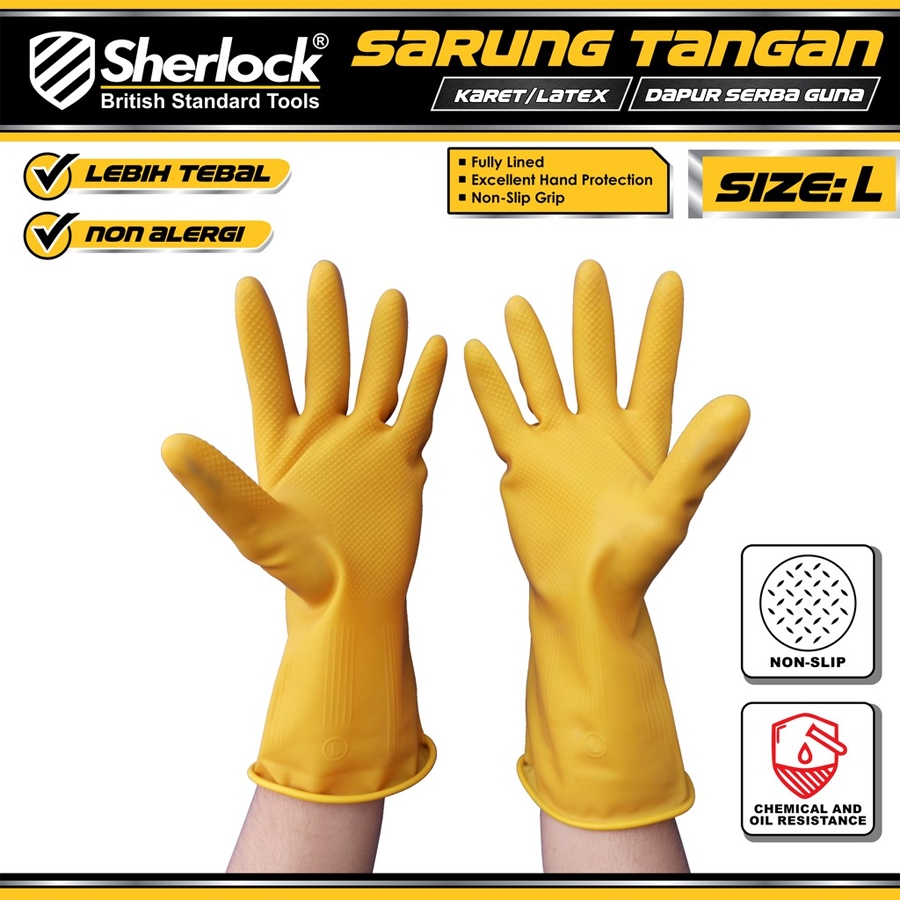 Sarung Tangan Karet Cuci Piring Industrial Grade Premium Latex uk, L Sherlock