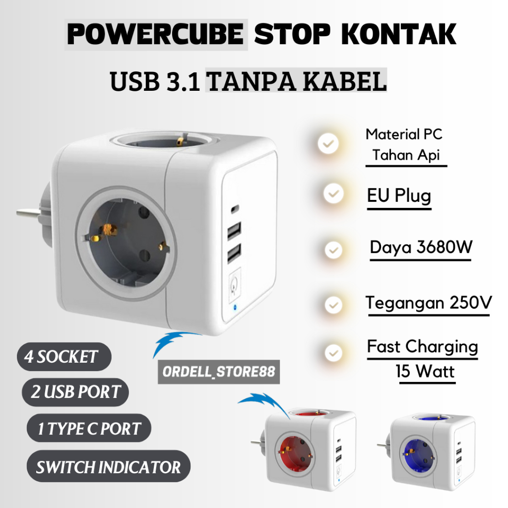 POWERCUBE STOP KONTAK SOCKET POWERCUBE USB 3.1 TANPA KABEL