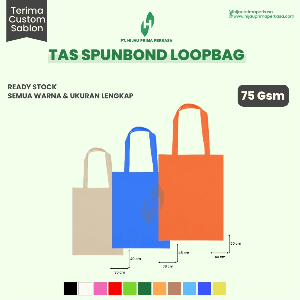 

Tas Spunbond 75 GSM Tebal Loop Bag TANPA LEBAR berwarna Goodie Bag 3 Ukuran 25x10x35 30x10x40 38x10x45