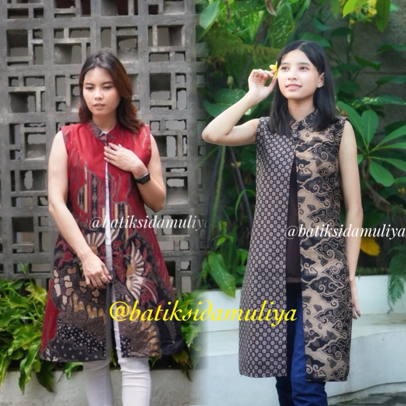 Long Outer Vest Batik Wanita Atasan Batik Kantor Rompi Panjang Tanpa Lengan Premium Eksklusif Full F
