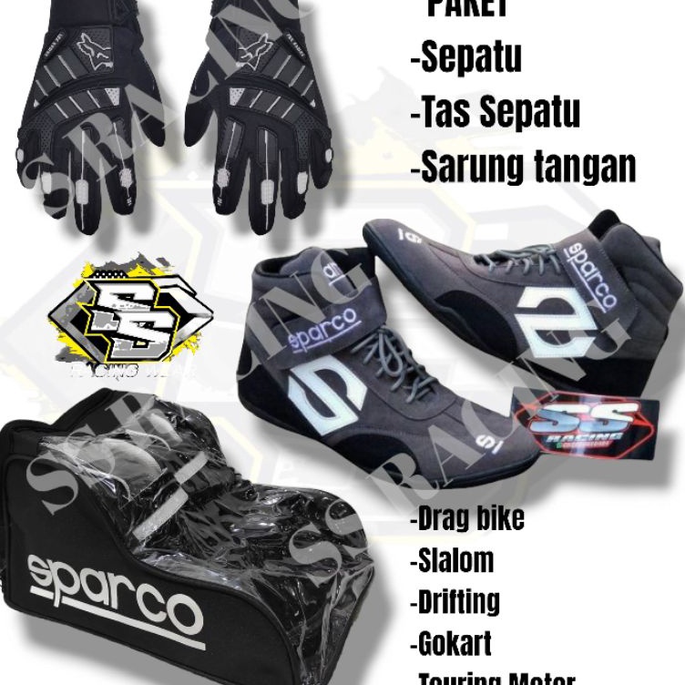 SATU SET SEPATU DRAG BIKE PLUS GLOVE KARET MOTOR PLUS TAS SEPATU SLALOM GOKART TOURING CORNERING SUN