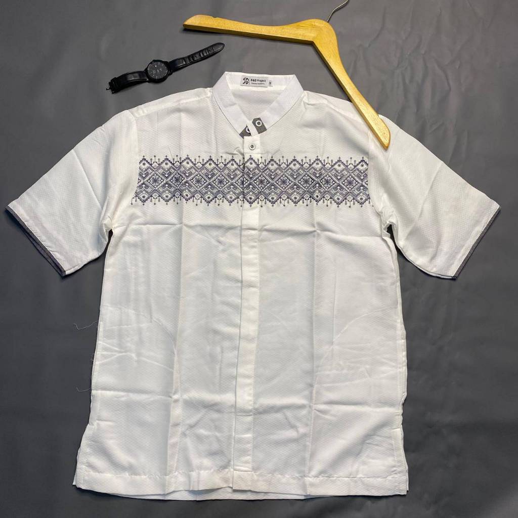 Baju Koko Poli Katun Bordir Lengan Pendek Ukuran  M L XL XXL 3XL 4XL - Putih Tulang