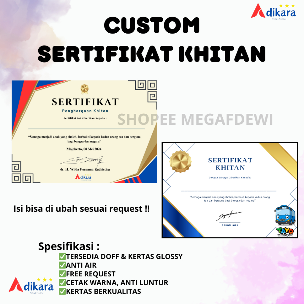 

SERTIFIKAT & PIAGAM KHITAN CUSTOM | UK. A4 | FREE DESAIN