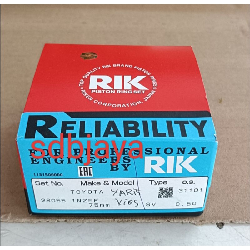 ring piston seher oversize size 0.50/0,50 new vios limo gen1 gen2 yaris 1nzfe/2nzfe merek TP/RIK jap