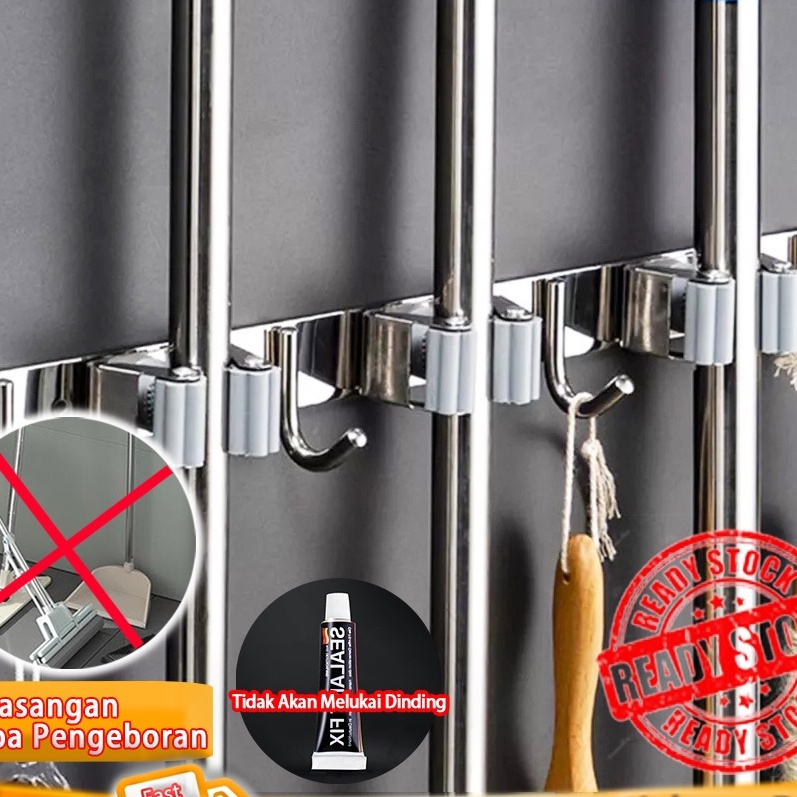 HJ6  Gantungan Sapu Pel Stainless Steel Rak Pel 5 Kait 4 Gantungan Sapu Pel Stainless Mop Broom Hold