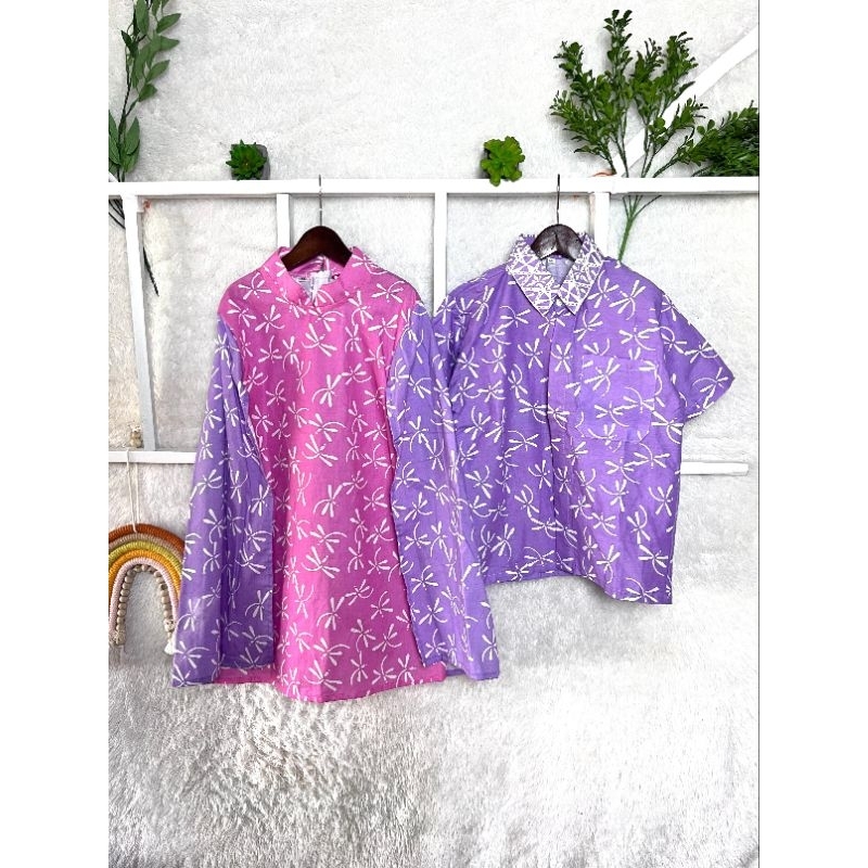 COUPLE DRESS BATIK ANAK KAKAK ADIK CEWEK COWOK MODEL SAYAP BAHAN KATUN PRIMA DRESS PINK UNGU LILAC