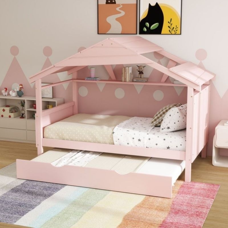 Ranjang anak perempuan pink, dipan anak dan sorong, tempat tidur anak double bed,