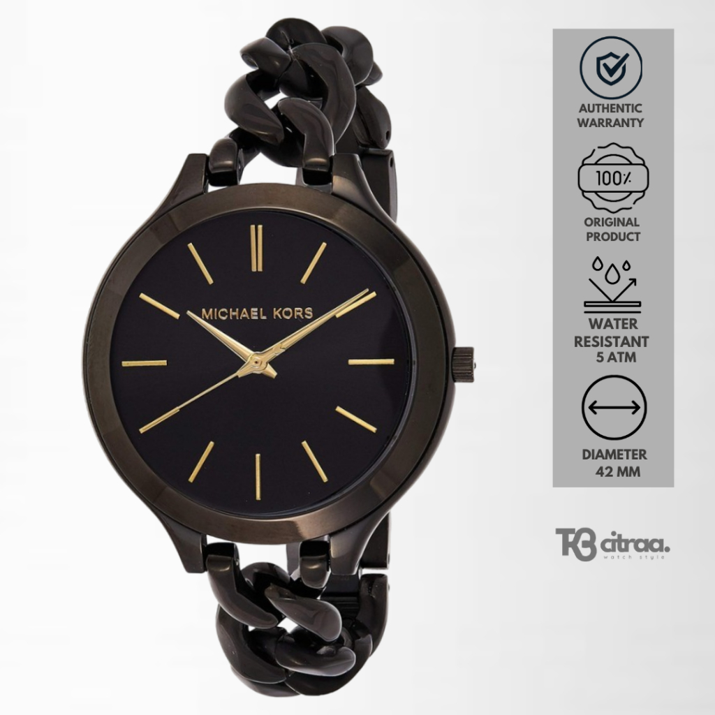 jam tangan wanita Michael Kors ladies Runway analog strap rantai cewek hitam stainless steel water r