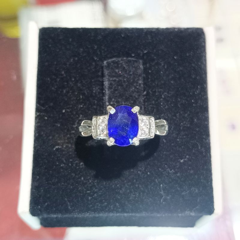 CINCIN WANITA PERAK LZZS925 BATU NATURAL BLUE SAFIR DI JAMIN ASLI ALAM