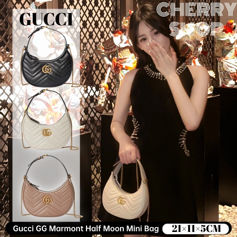 ✨100% authenti✔Gucci GG Marmont series tas tangan mini berbentuk bulan sabit  Tas Messenger Rantai W