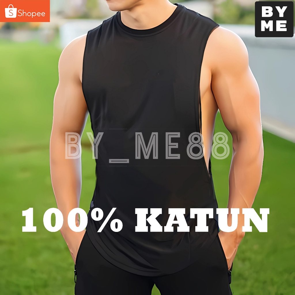 Singlet Low Cut Pria 100% Katun - Kaos Olahraga Tanpa Lengan Deep Cut