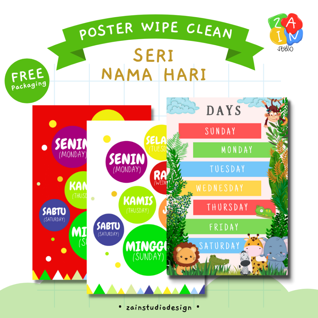 Zain Studio Design Poster Edukasi Anak Belajar Nama Hari Size A3+ Art Carton Laminasi Glossy