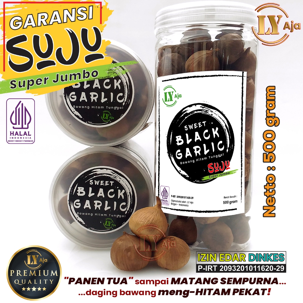 

LY Aja Super Jumbo Premium Bawang Hitam Tunggal 500 g – Sweet Black Garlic