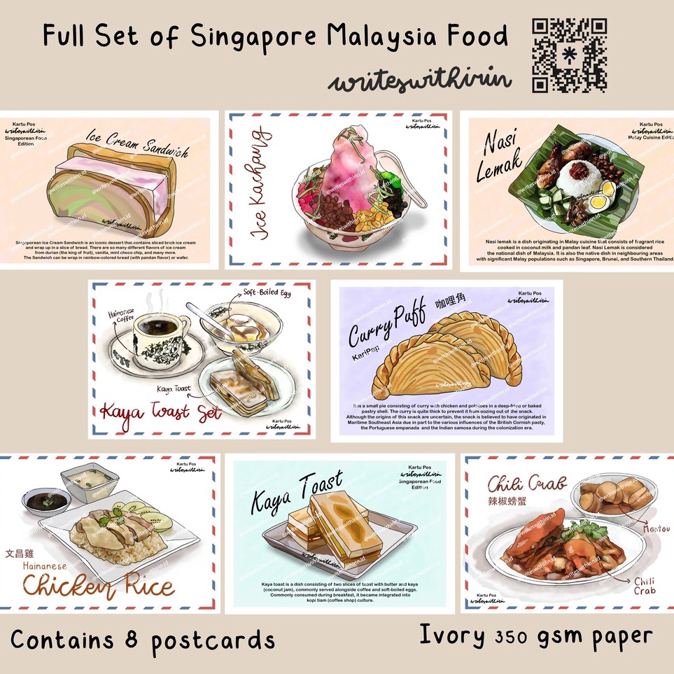 

writeswithirin Full Pack of Singapore Malaysia Cuisine Local Food 8 Postcards h T6T7
