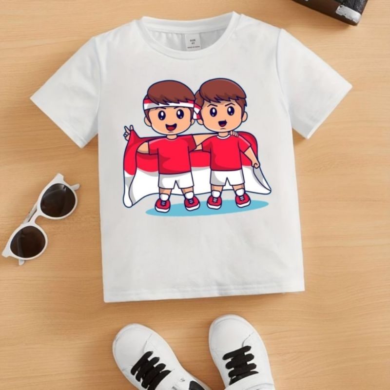 Kaos atasan anak kemerdekaan Indonesia merah putih HUT RI ukuran 1-10 tahun gambar 2 cowok bendera