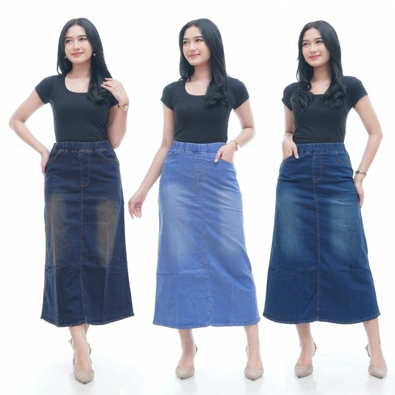 KODE A72P NEW ARRIVAL 2742  Rok jeans wanita terbaru  rok panjang pinggang karet jumbo  rok jins Ali