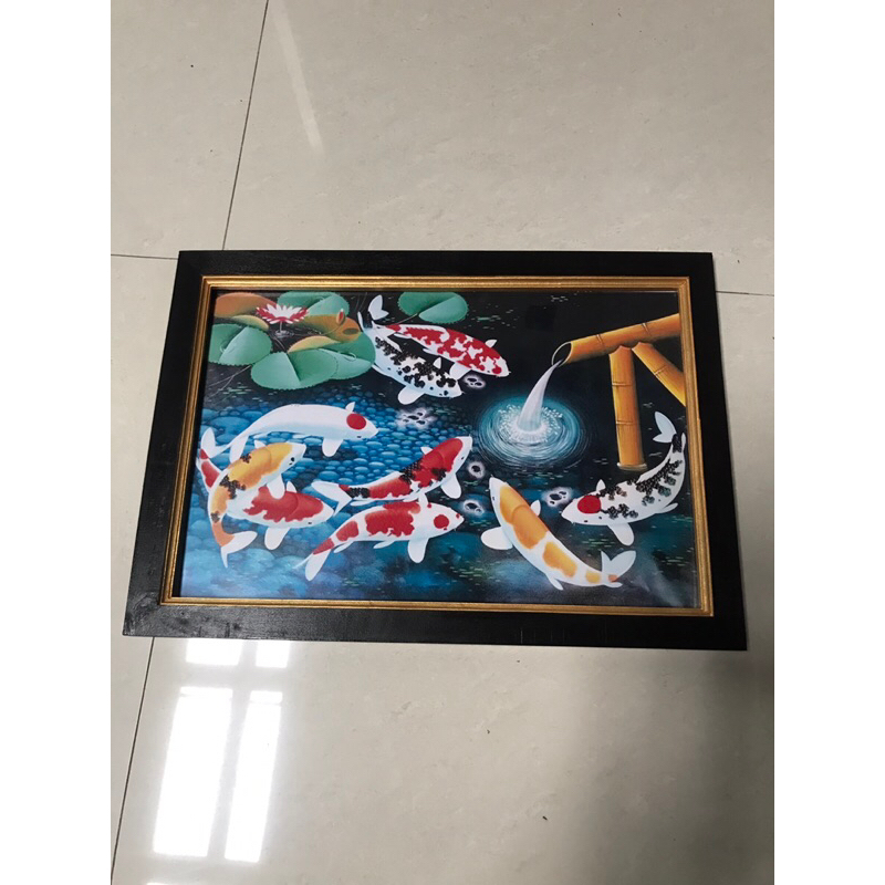 lukisan cetak gambar ikan koi 9 air mancur bambu plus bingkai