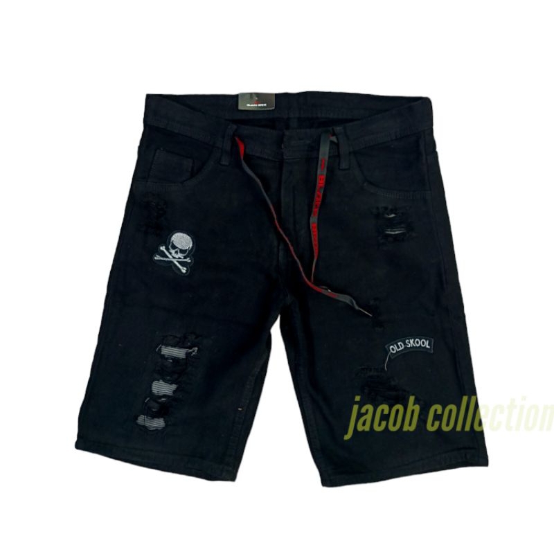 Celana Jeans Pendek Hitam Sobek Celana Pendek Sobek Pria Celana Ripped denim Bordir emblem