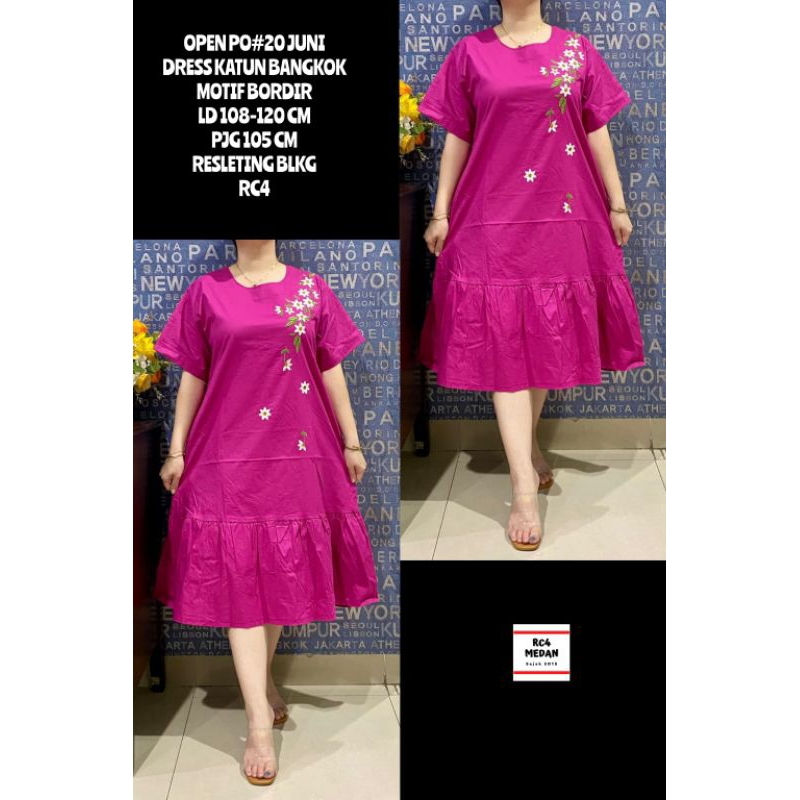 Dress katun Bangkok Bordir Kancing Depan Kerah