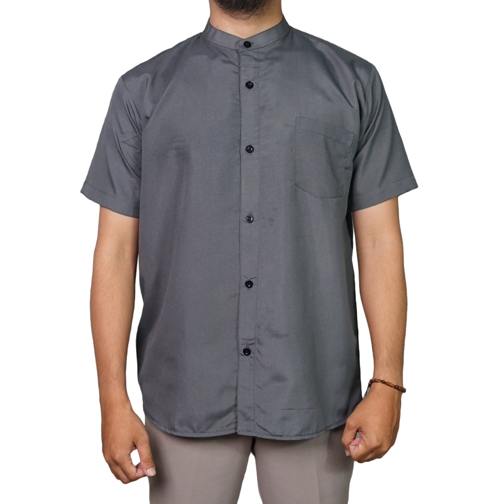 Baju Koko Polos Kemko Faizan Lengan Pendek Pakaian Muslim Pria Dewasa Warna Abu - Abu