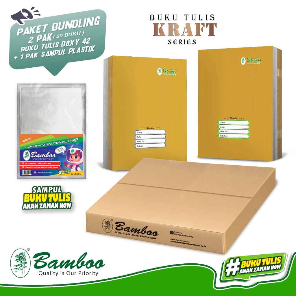 

Bamboo Buku Tulis Boxy 42 Kraft (Bundling 2 Pak Buku+Sampul Plastik)