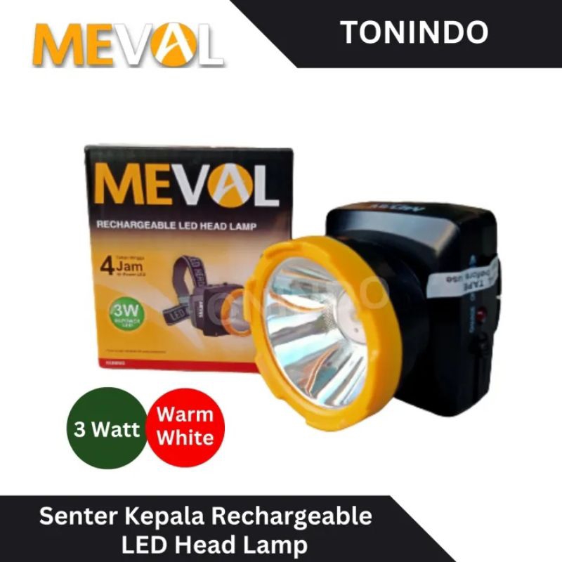 Senter Kepala LED 3 Watt MEVAL Rechargeable Warm White (Cahaya Kuning)