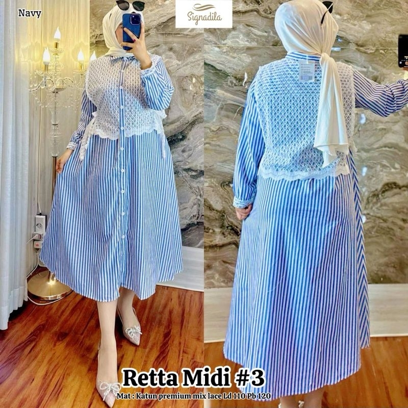 Dress midi wanita kotak kotak terbaru retta midi katun salur adem