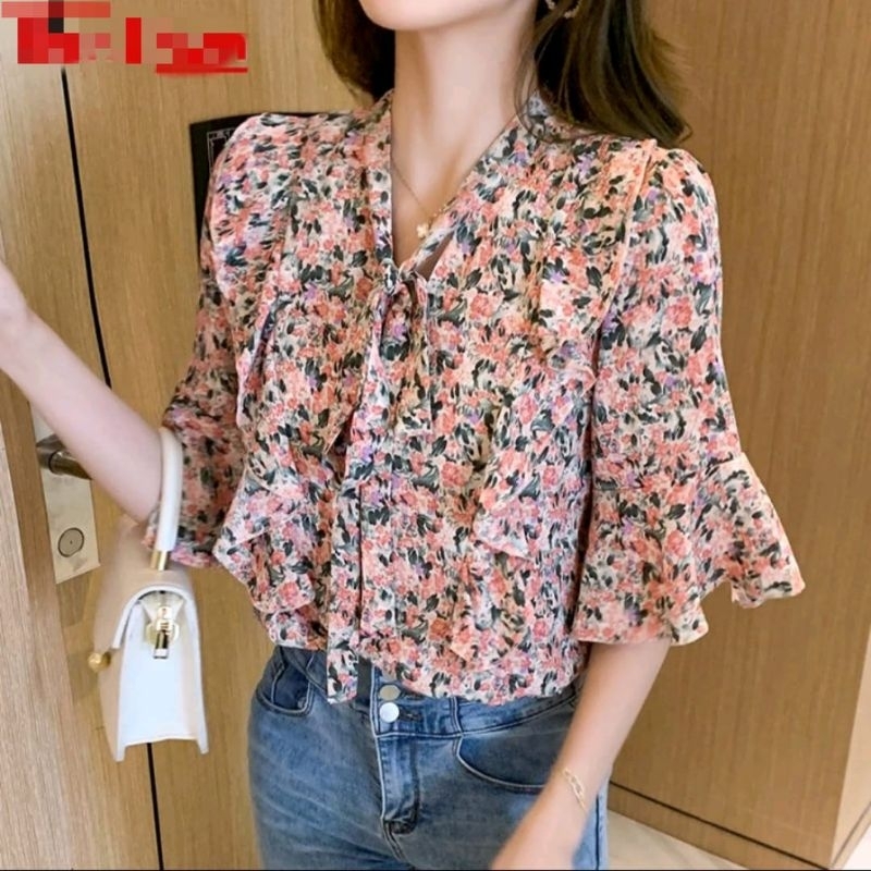 Atasan Blouse Motif Bunga Bahan Rayon Motif atasan kemeja wanita korea blus wanita