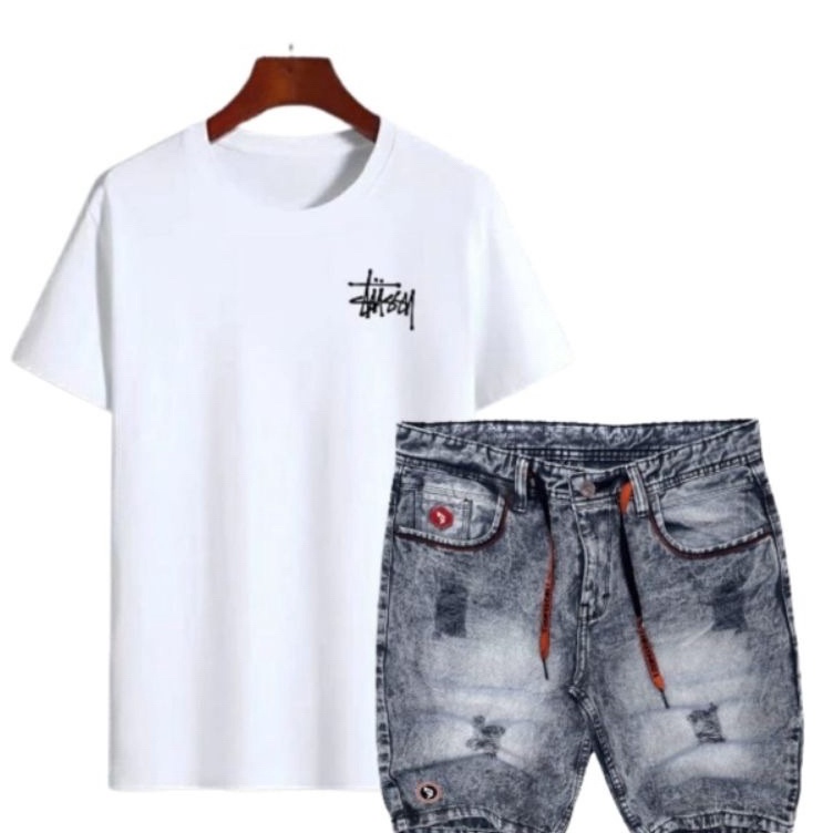 KODE H24V Terbaru Setelan kaos Stussy Distro dan Celana Sobek Pendek jeans Original Distro celana Fa