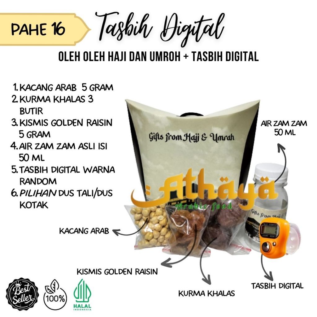 

Paket hemat oleh oleh haji dan umroh ISI 50 PCS kurma+kismis+kacang+zamzam+tasbih digital